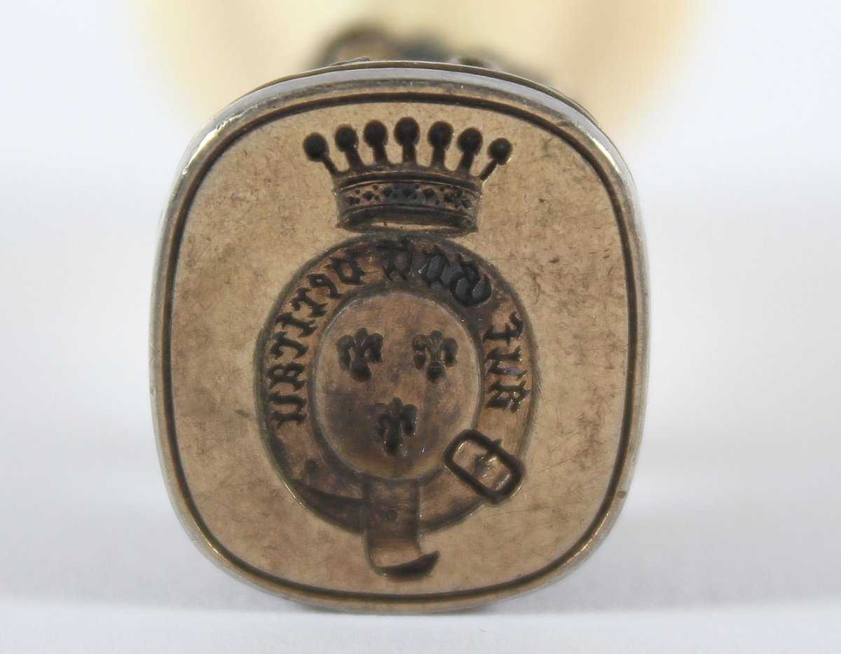 PETSCHAFT, Griff Elfenbein (min.besch.), bronzene Siegelplatte mit freiherrlichen Wappen und - Image 3 of 5