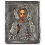 IKONE, "Christus Pantokrator", mit Silberoklad (besch.), Tempera/Holz, 27 x 22, besch., RUSSLAND, um