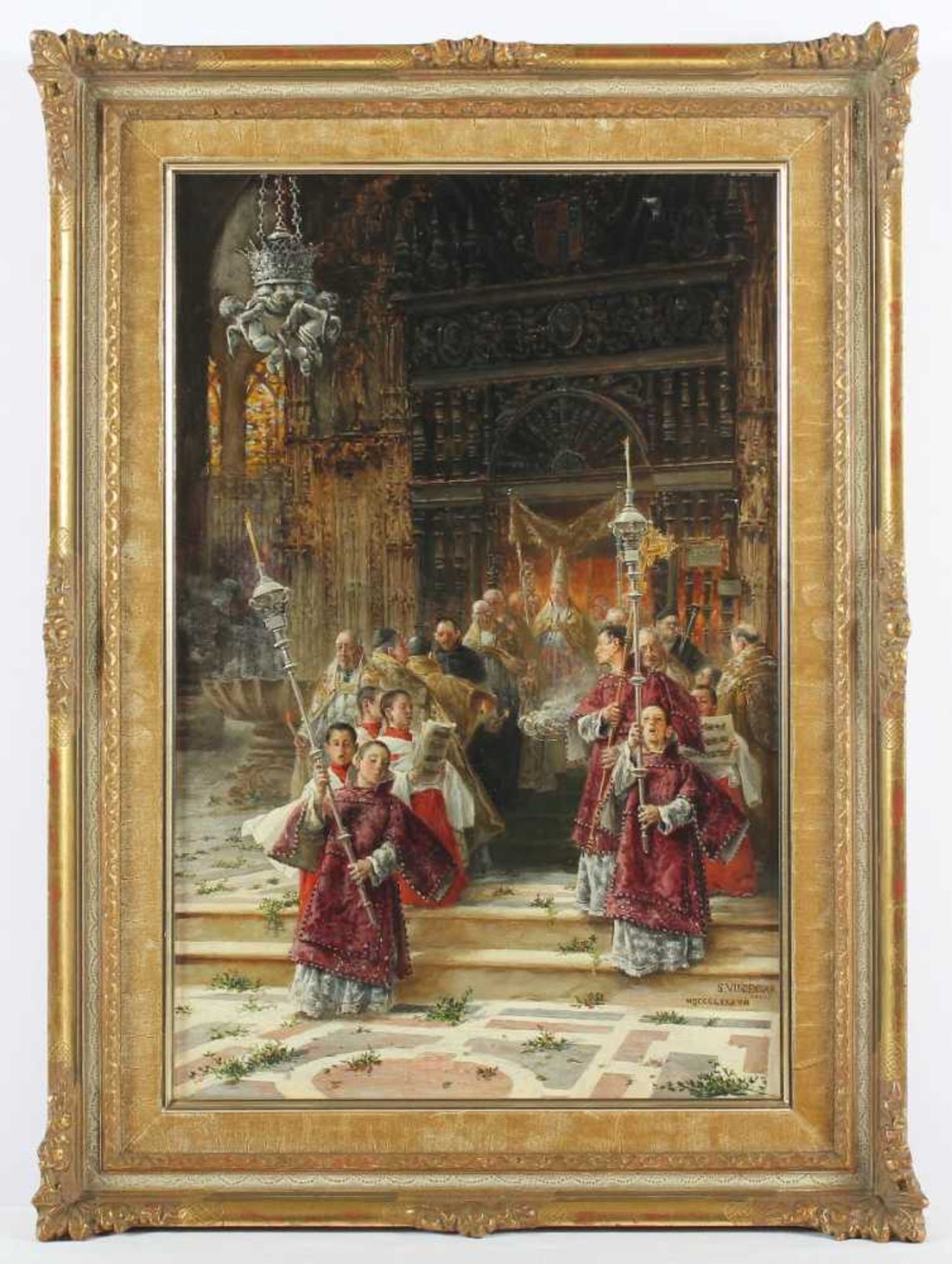 VINIEGRA Y LASSO, Salvador (1862-1915), "Prozessionszug in einer Kirche", Öl/Lwd., 57 x 37,5, - Image 2 of 4