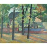 BOETTICHER, Annie (Deutsch 1.H.20.Jh.), "Landschaft mit Haus", Öl/Hartfaser, 50,5 x 60,5, unten