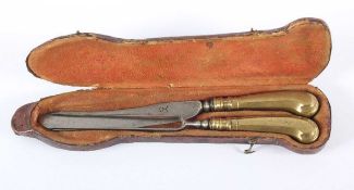 MUNDZEUG, Messer und Gabel im Originalfutteral, Klinge und Forke Metall, Bronzegriff in