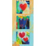 DE MUNNIK, Cilia, "Drei Herzen", Acryl und Kreide/Papier, 60 x 25, handsigniert und datiert 2001