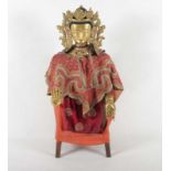 BODHISATTVA, Bronze, dreiteilig, vergoldet, Schmucksteinbesatz, Kultbemalung, auf bekleidetem