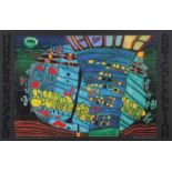 HUNDERTWASSER, Friedensreich, "Der blaue Mond Flucht ins All", Farboffset mit Metallfolienprägung,