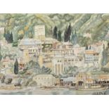 SCHÜTZ, H., "Daphni-Kloster auf Athos", Aquarell, 36 x 48, verso betitelt, unten rechts