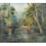 MALER 2.H.20.JH., "Waldlandschaft mit Brücke", Öl/Lwd., 60 x 70, unten links unleserlich signiert,