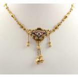 BIEDERMEIER-COLLIER, Schaumgold, besetzt mit Granat und Saatperlen, L 41, 9,6g, M.19.Jh. 22.00 %