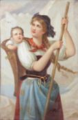 PORZELLANBILD, fein polychrom gemalte Sennerin mit Kleinkind in Gebirgslandschaft, 17 x 11, gerahmt,