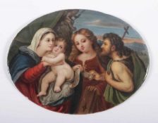 PORZELLANPLATTE, polychrom bemalt, Heiligenszene vor Landschaft nach Jacopo Palma il Vecchio, L
