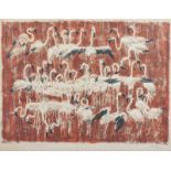 TEUBER, Hermann, "Flamingos", Farbholzschnitt, 32 x 40, betitelt, handsigniert und datiert 1958,