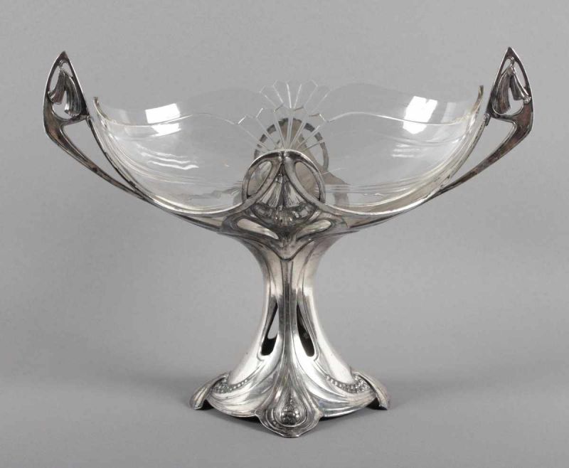 JUGENDSTIL-AUFSATZSCHALE, Metall, versilbert, Glaseinsatz, min.besch., H 30, WMF, um 1900 22.00 %