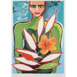 BACH, Elvira, "Hibiskusblüte", Original-Farbserigrafie/Bütten, 100 x 70, nummeriert 66/230,