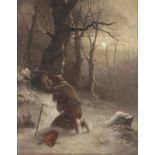 LITSCHAUR, Karl Joseph (1830-1871), "Fallensteller in mondbeschienener Winterlandschaft", Öl/Lwd.,