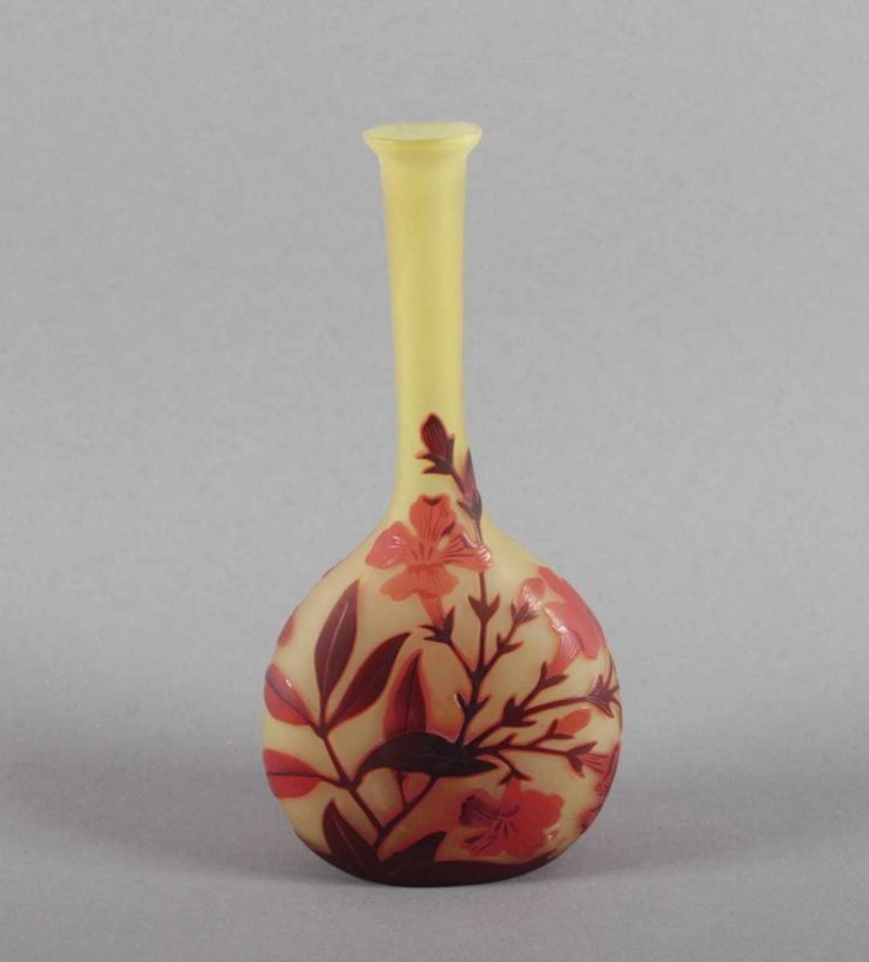 JUGENDSTIL-SOLIFLEUR, farbloses Glas, zitronengelb hinterfangen, orange und bordeauxrot