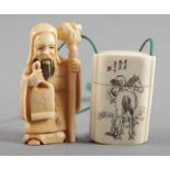 ZWEI ELFENBEINSCHNITZEREIEN, dreiteiliges Inro und Netsuke, H bis 5, CHINA, A.20.Jh. 22.00 % buyer's