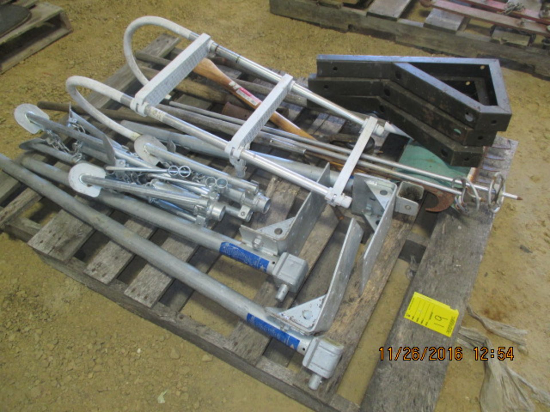 Pallet w/brackets, stands, snow shovel, misc