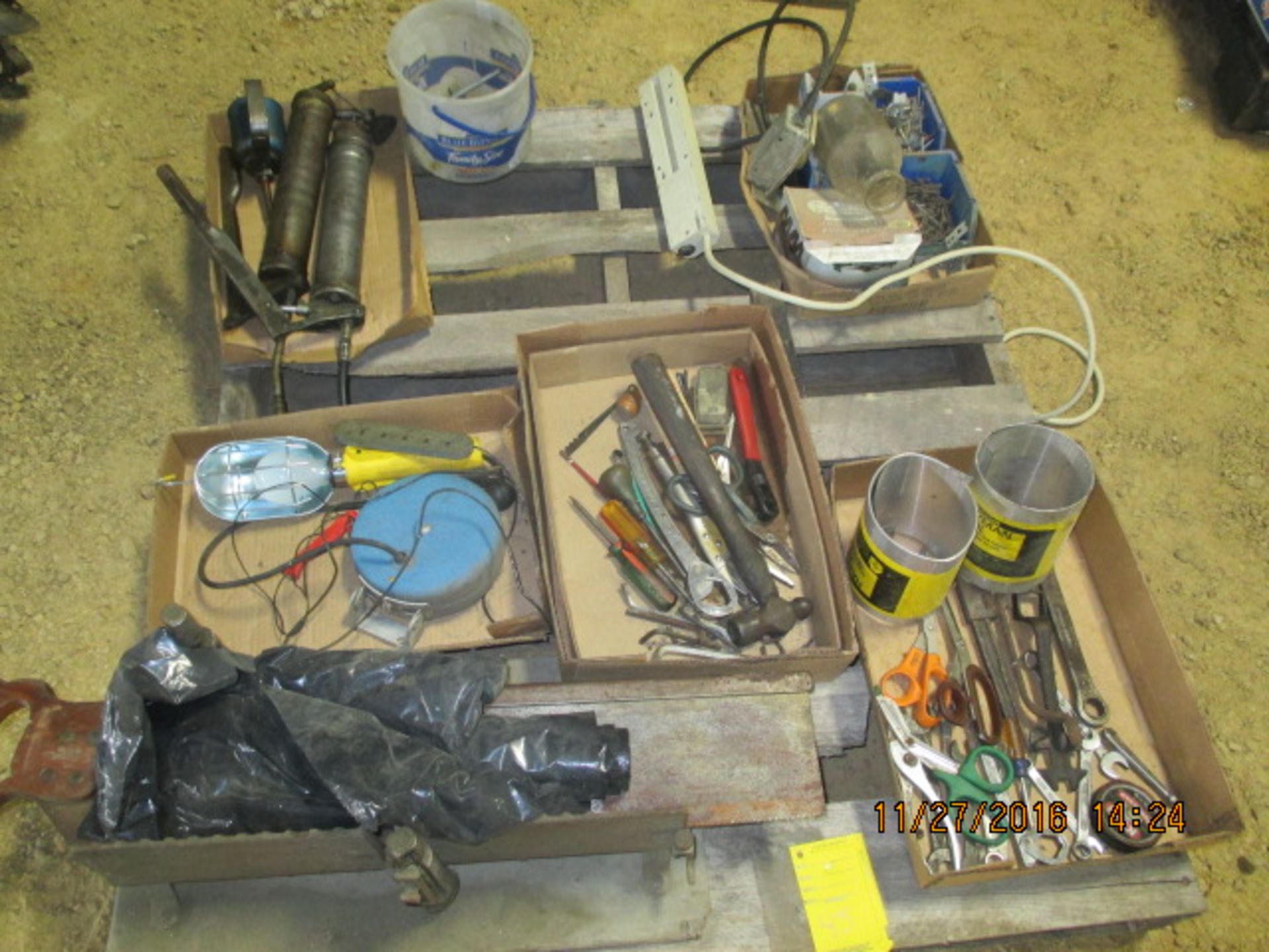 Pallet w/grease gun, nails, misc tools