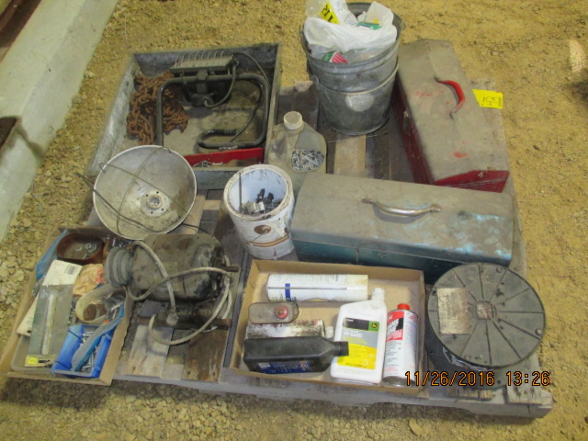 Pallet w/nails, elec motor, pr toolboxes, misc