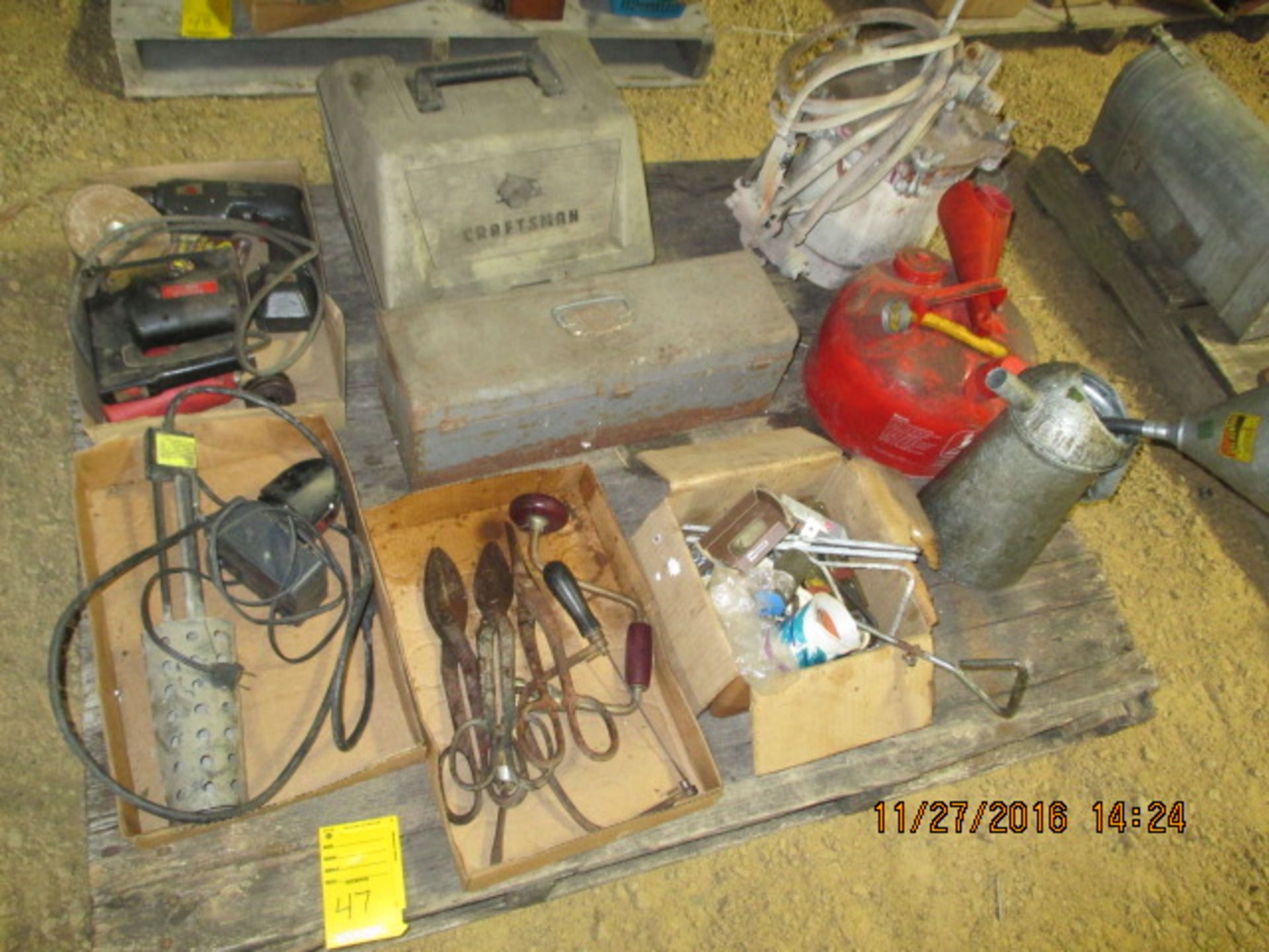 Pallet w/Craftsman saw, tin snips, paint sprayer, misc