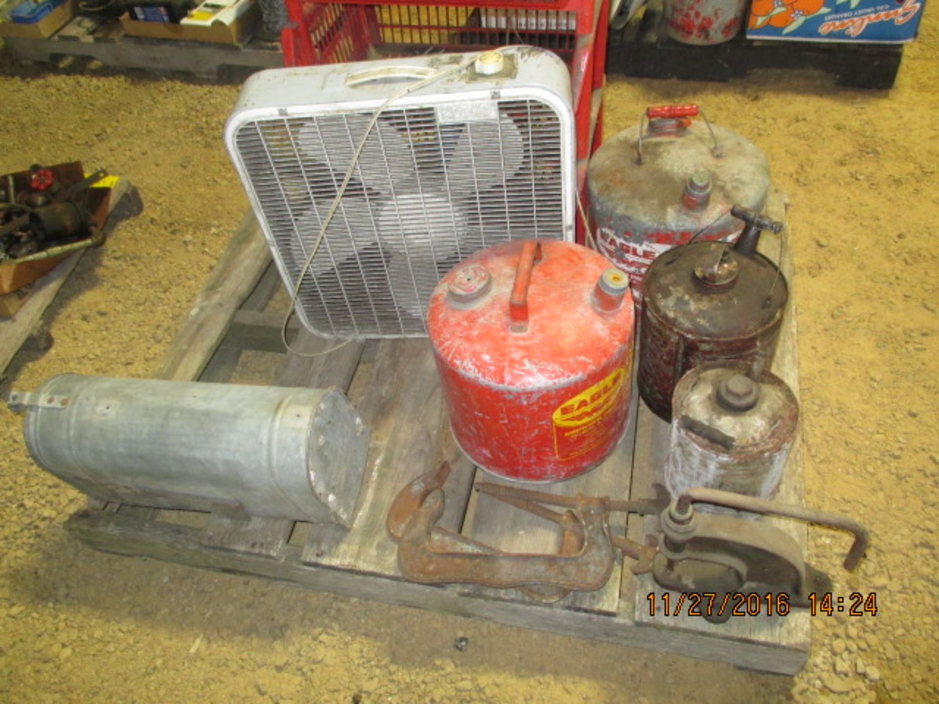 Pallet w/gas cans, fan, trays, clamps, misc