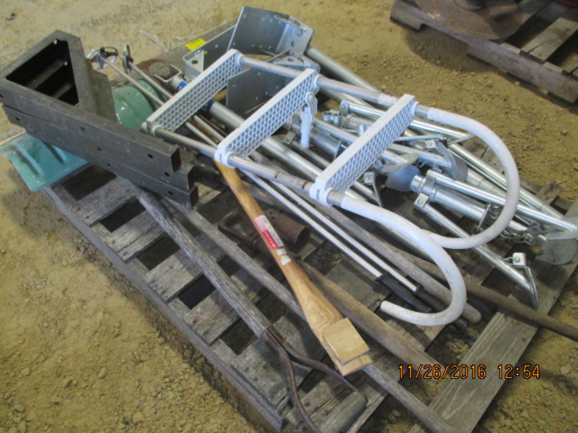 Pallet w/brackets, stands, snow shovel, misc - Image 2 of 2