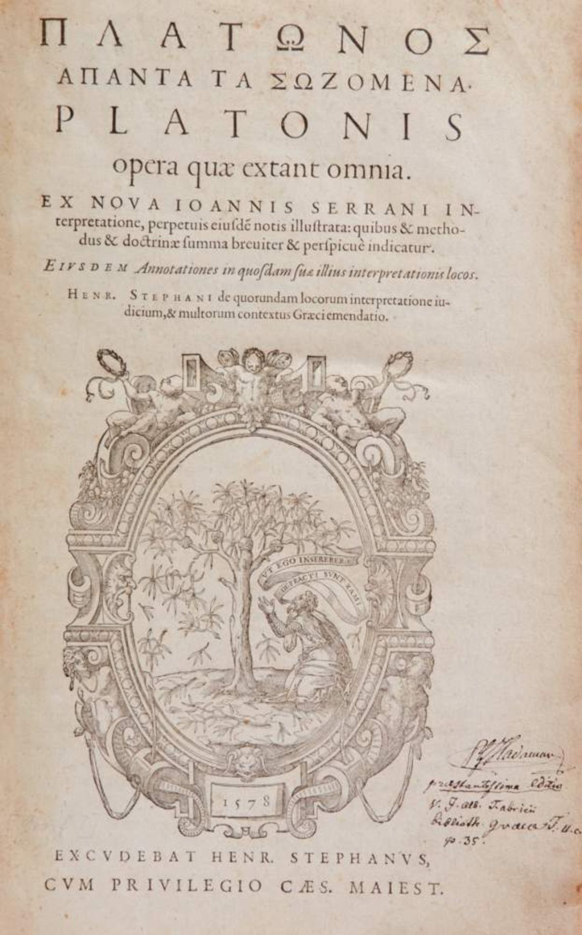 Platon, Hapanta ta sozomena (Graece). Opera quae extant omnia. Ex nova Ioannis Serrani - Bild 2 aus 3