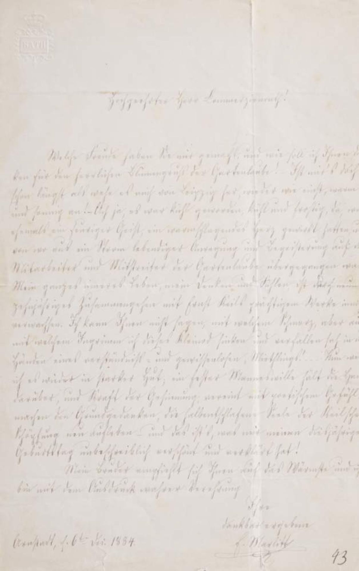 Marlitt, Eugenie, Schriftstellerin (1825-1887). E. Brief mit U. Dat. Arnstadt, 6. 12. 1884. 1 S. -