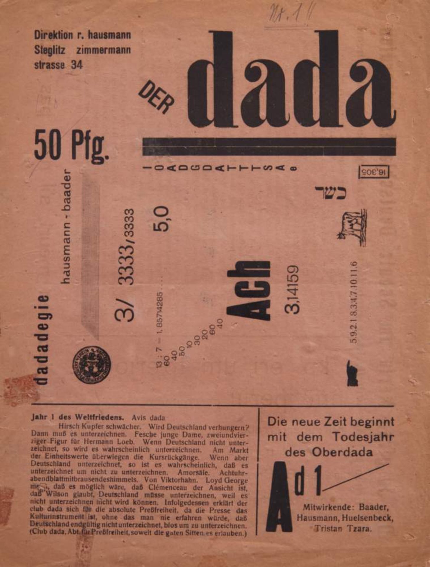 Hausmann, R., (Hrsg.), Der Dada. Hefte I und II (von 3). (Steglitz [II: Berlin-Charlottenburg],