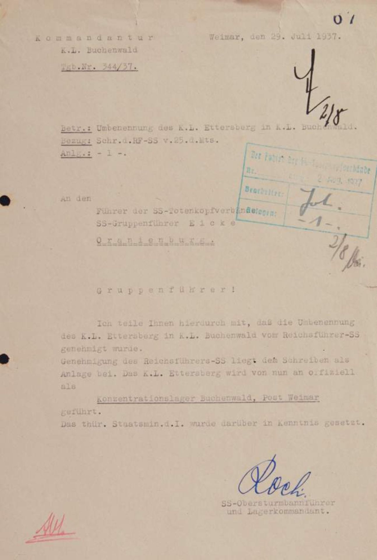 Koch, K. O., KZ-Kommandant (1897-1945). Masch. Brief mit e. U. Dat. Weimar, 29. 7. 1937. Fol. 1 S.