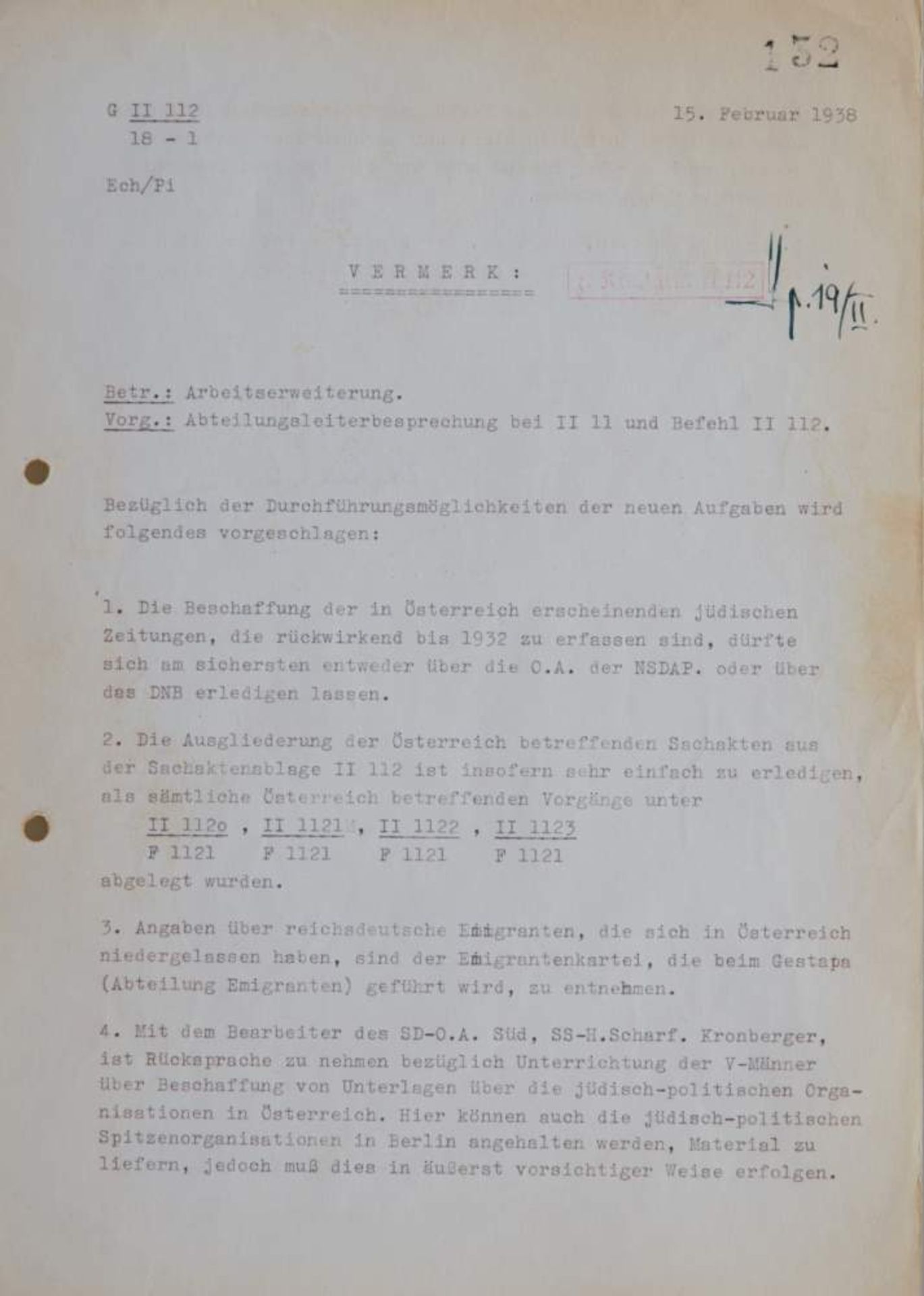 Eichmann, A., Obersturmbannführer (1906-1962). Masch. Aktenvermerk mit e. U. Dat. (Berlin), 15. 2.