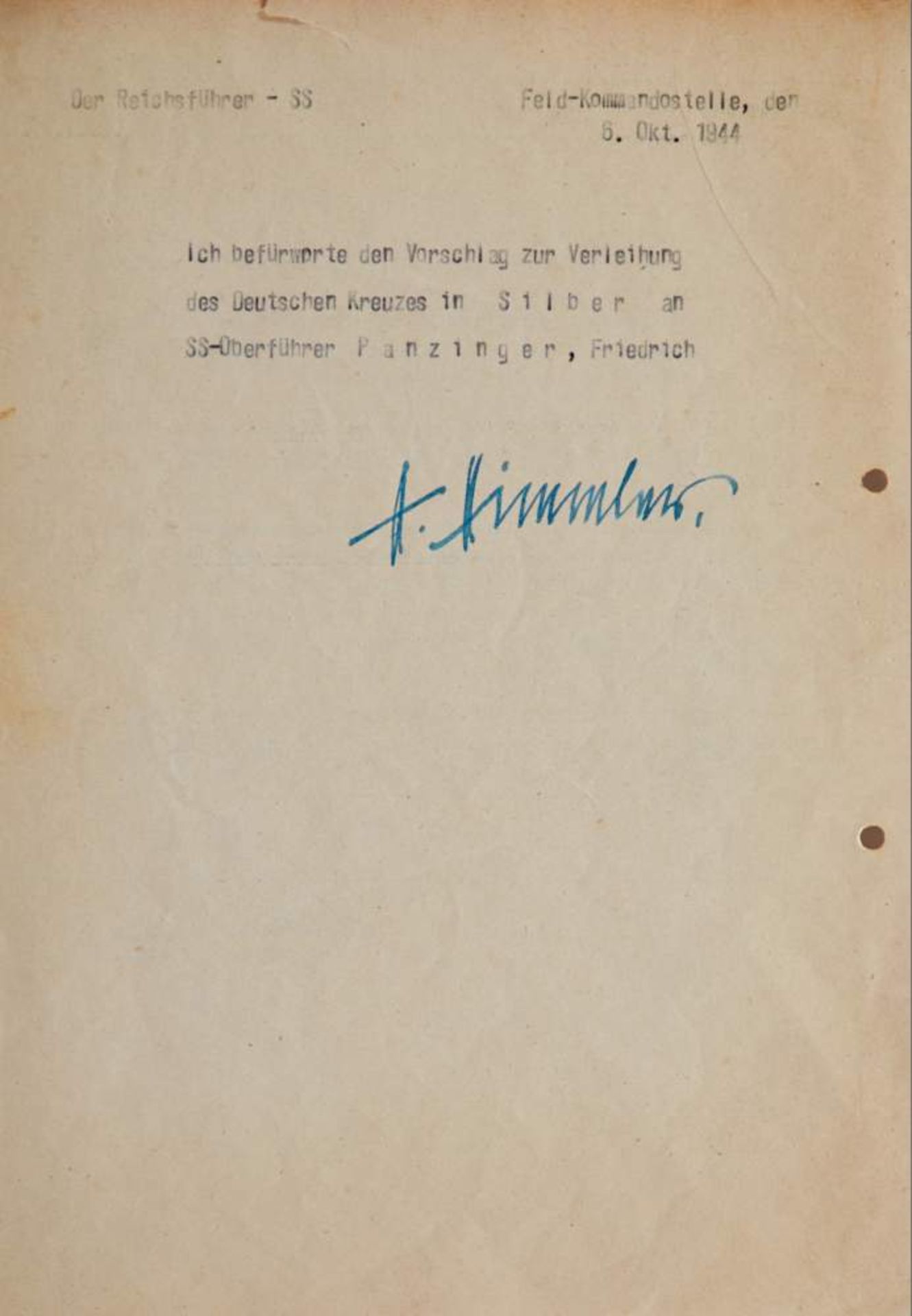 Himmler, H., Reichsführer-SS (1900-1945). Masch. Notiz und e. U. auf einer Vorschlagsliste für die - Bild 2 aus 2