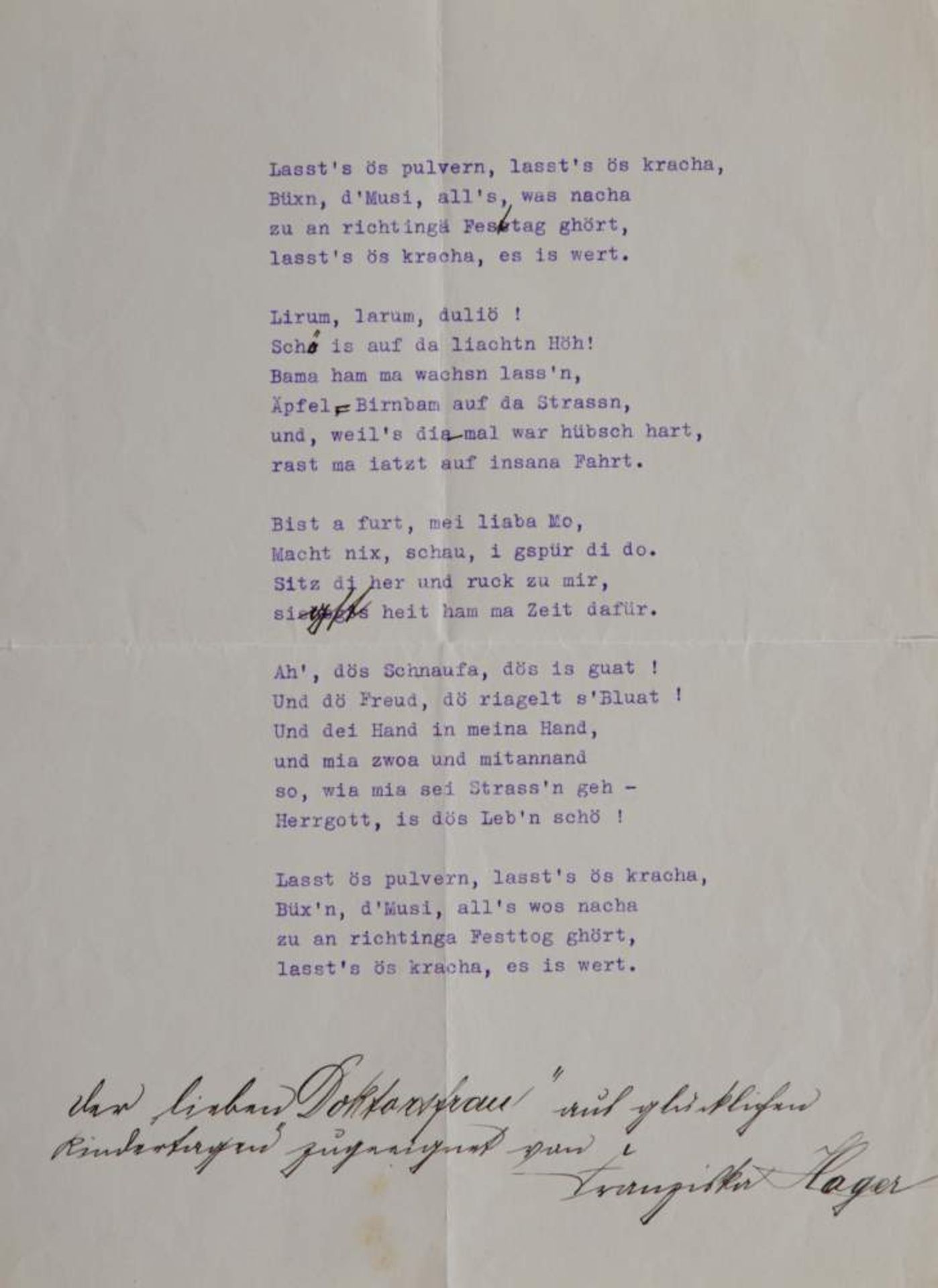 Hager, Franziska, Schriftstellerin (1874-1960). Gedichttyposkript mit e. Widmung und U. Nicht