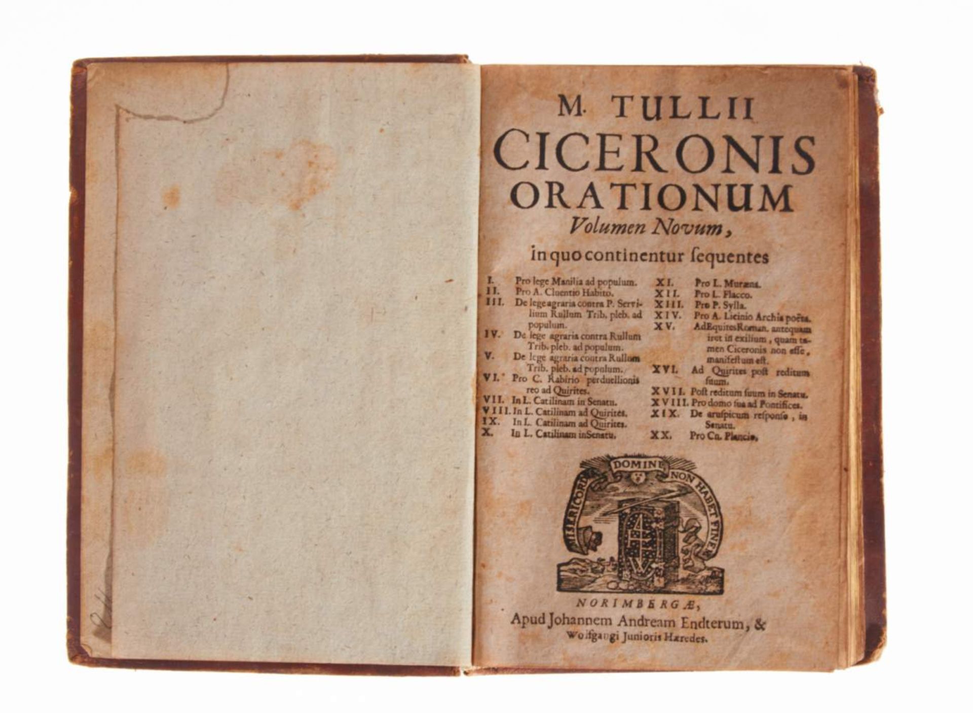 Cicero, M. T., Orationum volumen novum. Nürnberg, Endter, (ca. 1655). Mit Holzschnitt- - Bild 2 aus 2