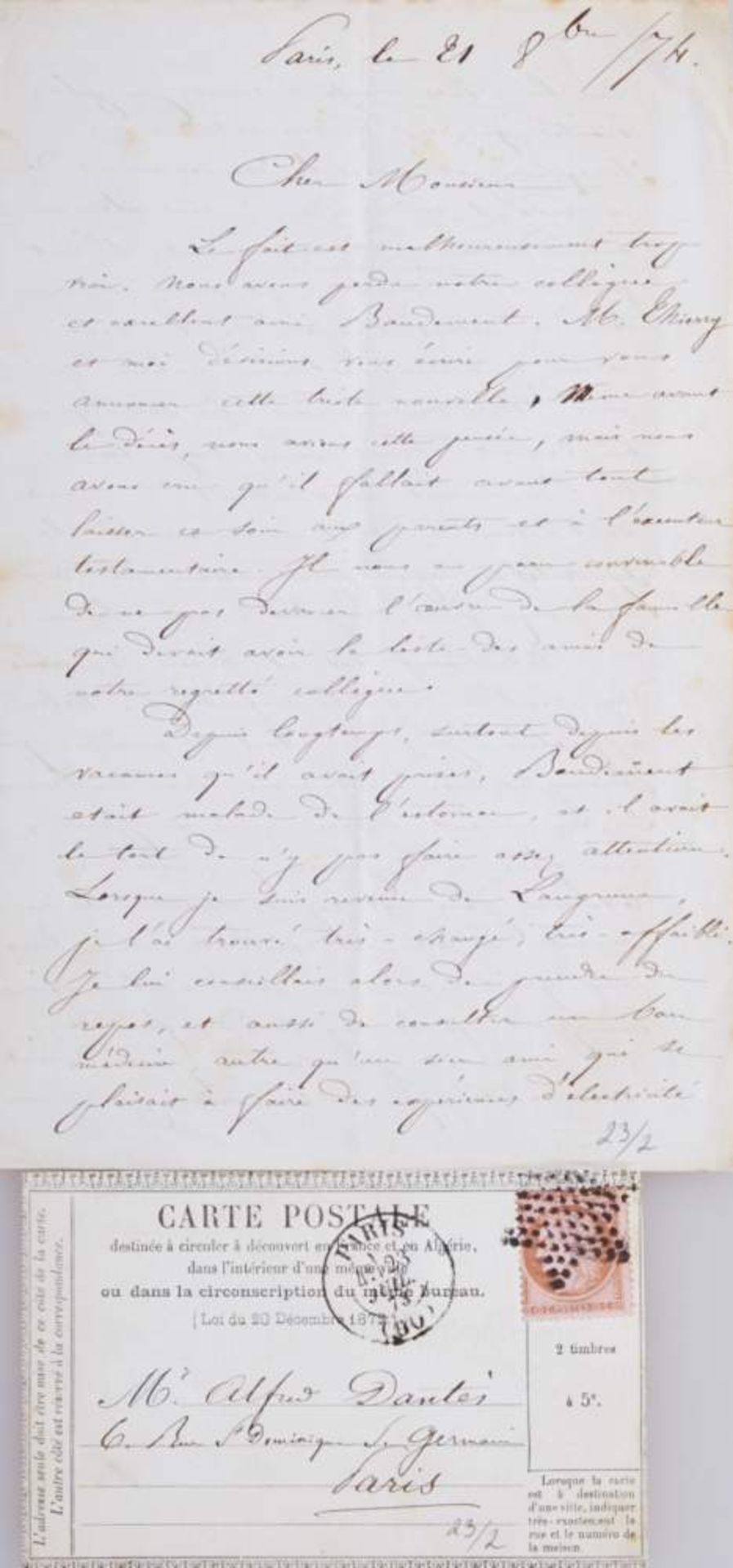 Auriac, E., Schriftsteller (1815-1891). E. Brief und e. Postkarte, jeweils mit U. Dat. Paris, 21.
