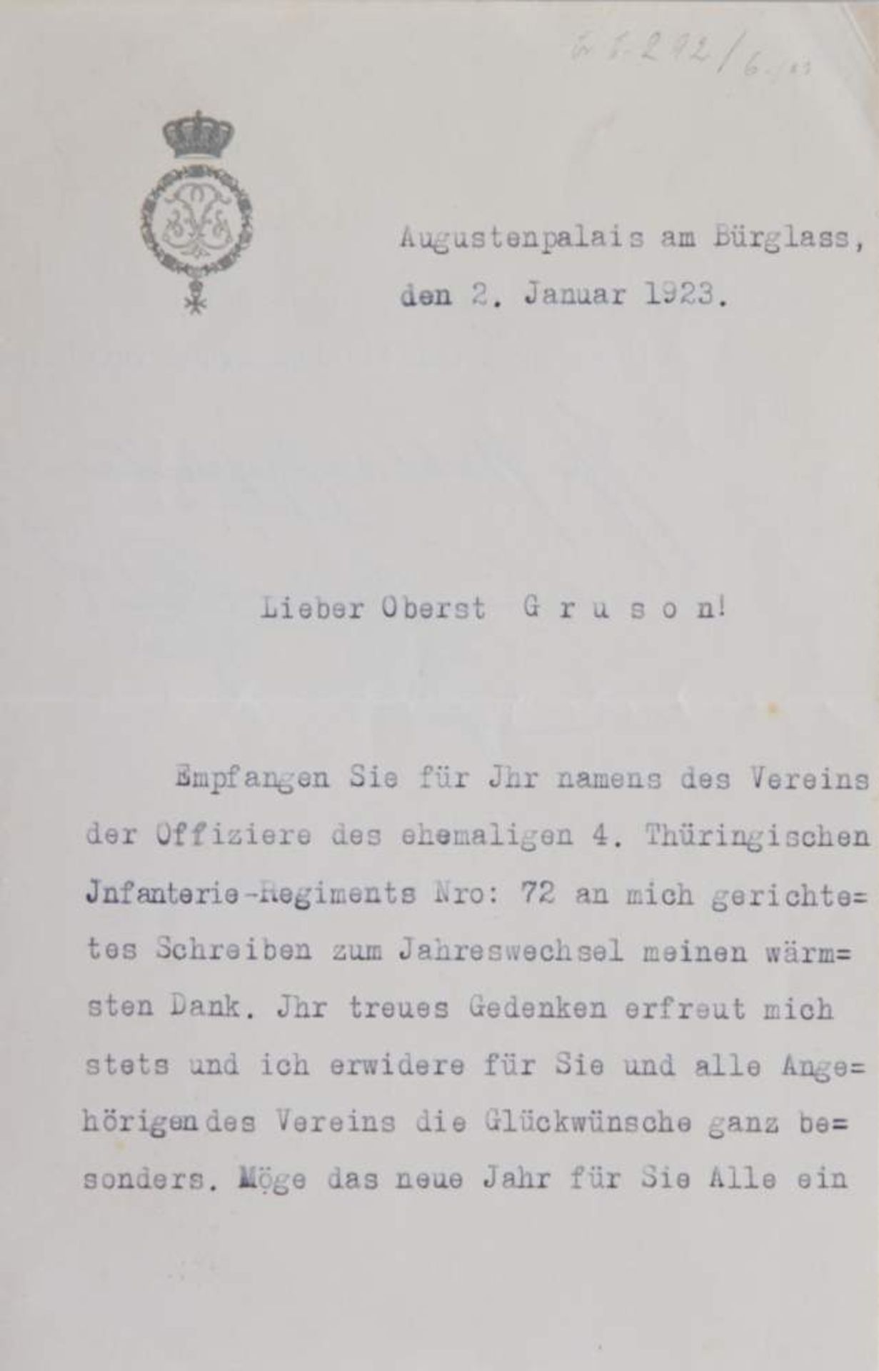 Ferdinand I., König von Bulgarien (1861-1948). Masch. Brief mit e. Gruß und U. Dat. (Coburg), 2.