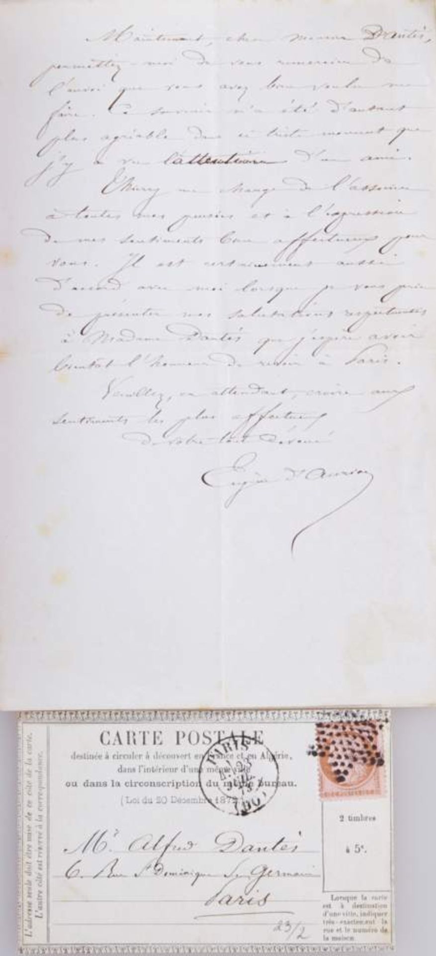 Auriac, E., Schriftsteller (1815-1891). E. Brief und e. Postkarte, jeweils mit U. Dat. Paris, 21. - Bild 2 aus 2