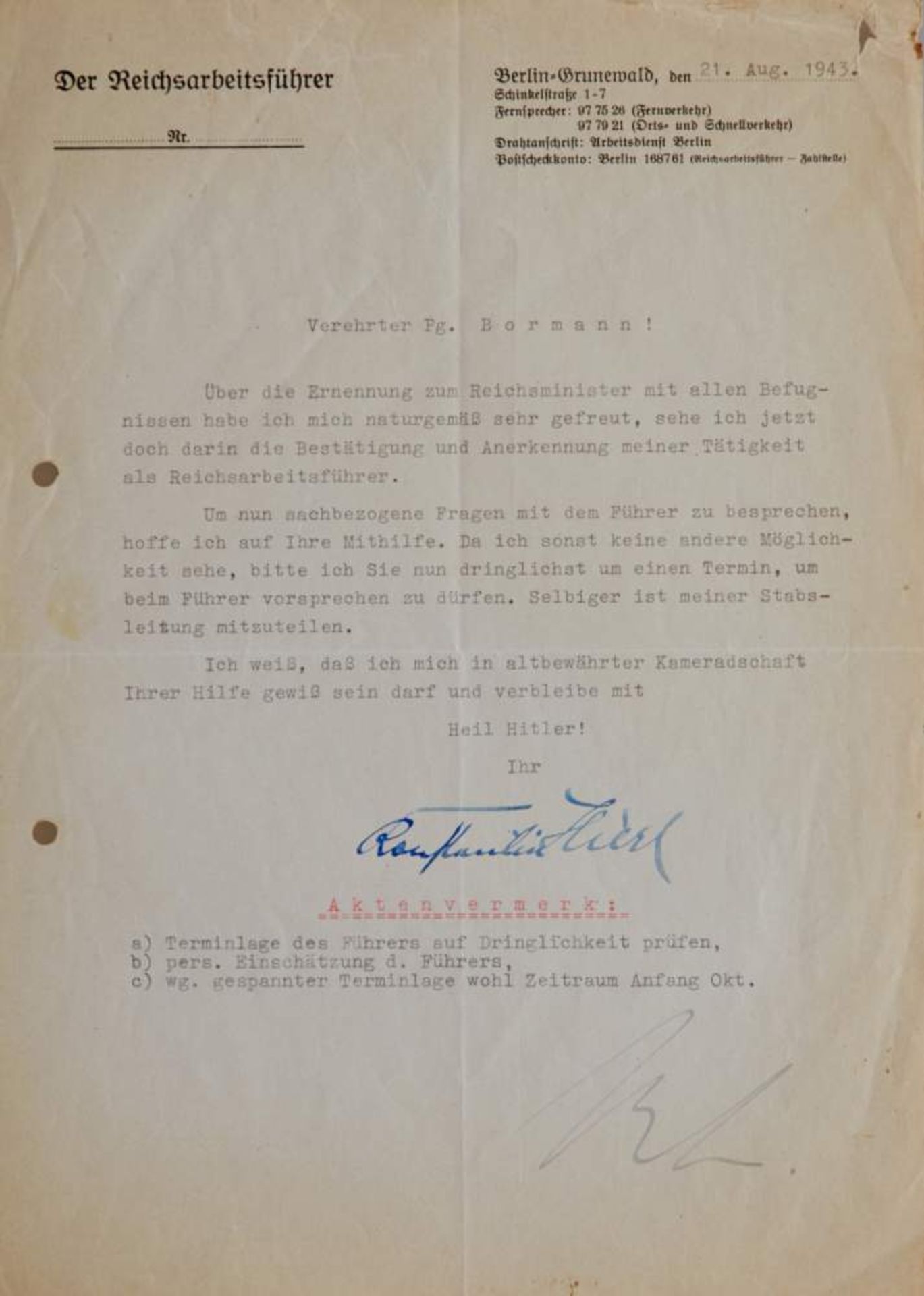 Hierl, K., Reichsarbeitsführer und NS-Reichsminister (1875-1955). Masch. Brief mit e. U. Dat.