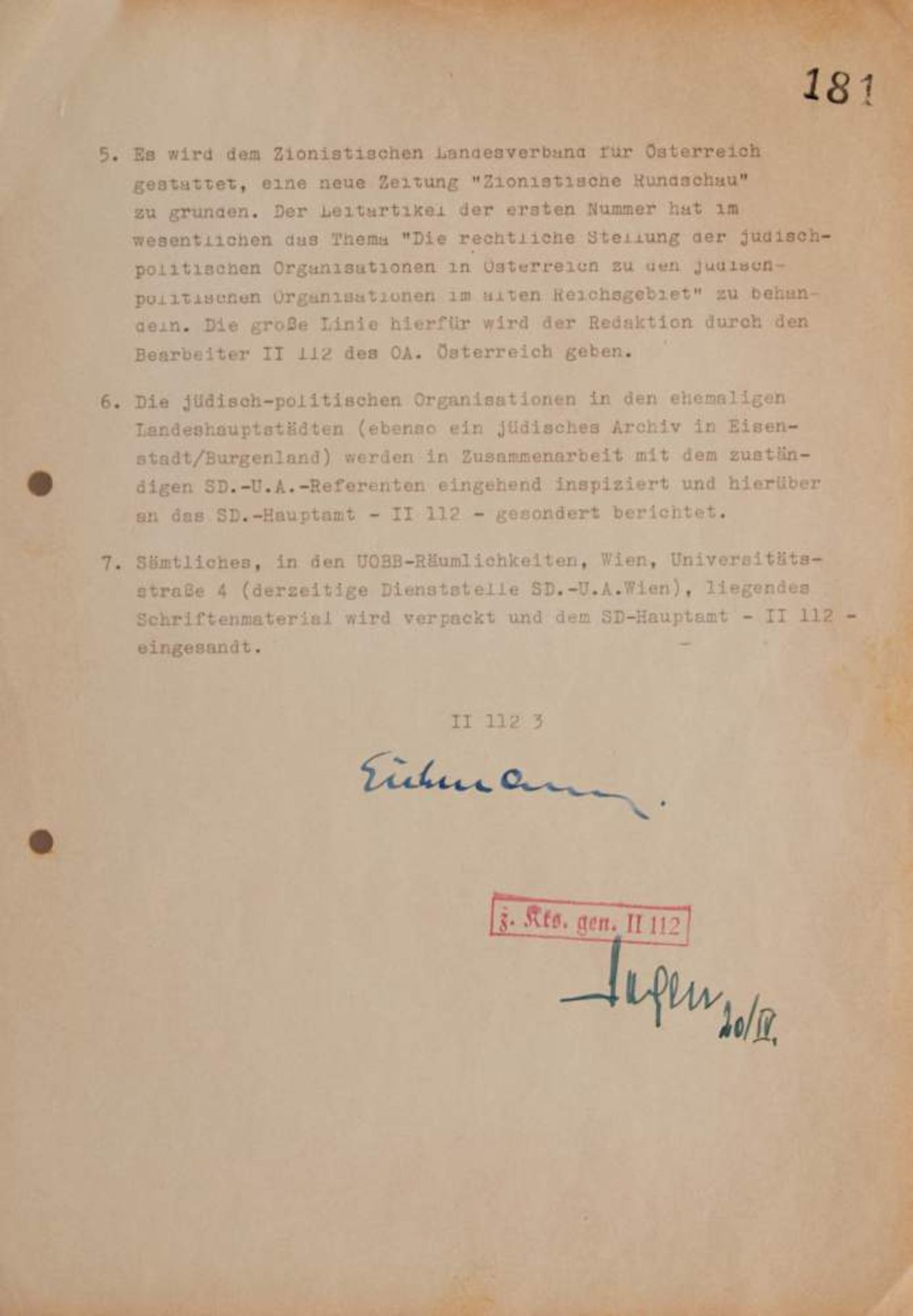 Eichmann, A., SS-Obersturmbannführer (1906-1962). Masch. Aktenvermerk mit e. U. Dat. (Wien), 19. - Bild 2 aus 2