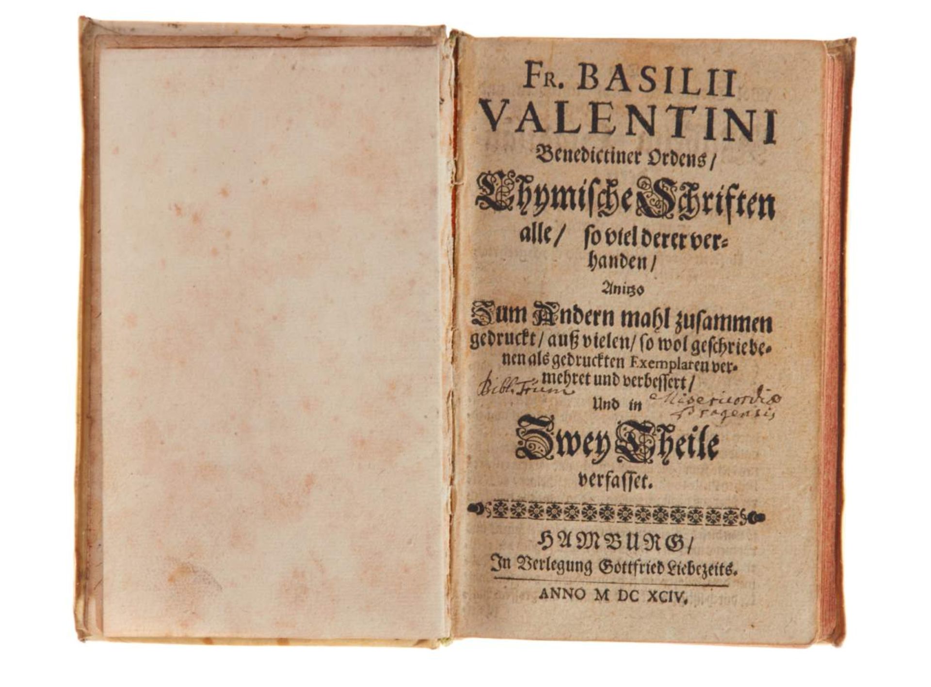 Basilius Valentinus (Pseud.), Chymische Schriften. 2 Tle. in einem Bd. Hamburg, Liebezeit, 1694. Mit - Bild 2 aus 4