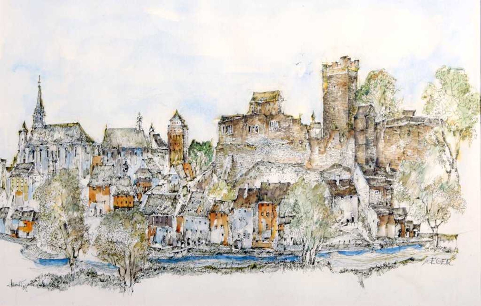 Aquarell "Stadtansicht Eger" Blick vom Fluss zur Burg und Kirche, signiert "Schmid", datiert 94.