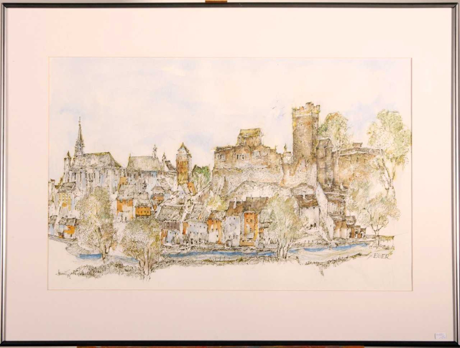 Aquarell "Stadtansicht Eger" Blick vom Fluss zur Burg und Kirche, signiert "Schmid", datiert 94. - Bild 2 aus 3