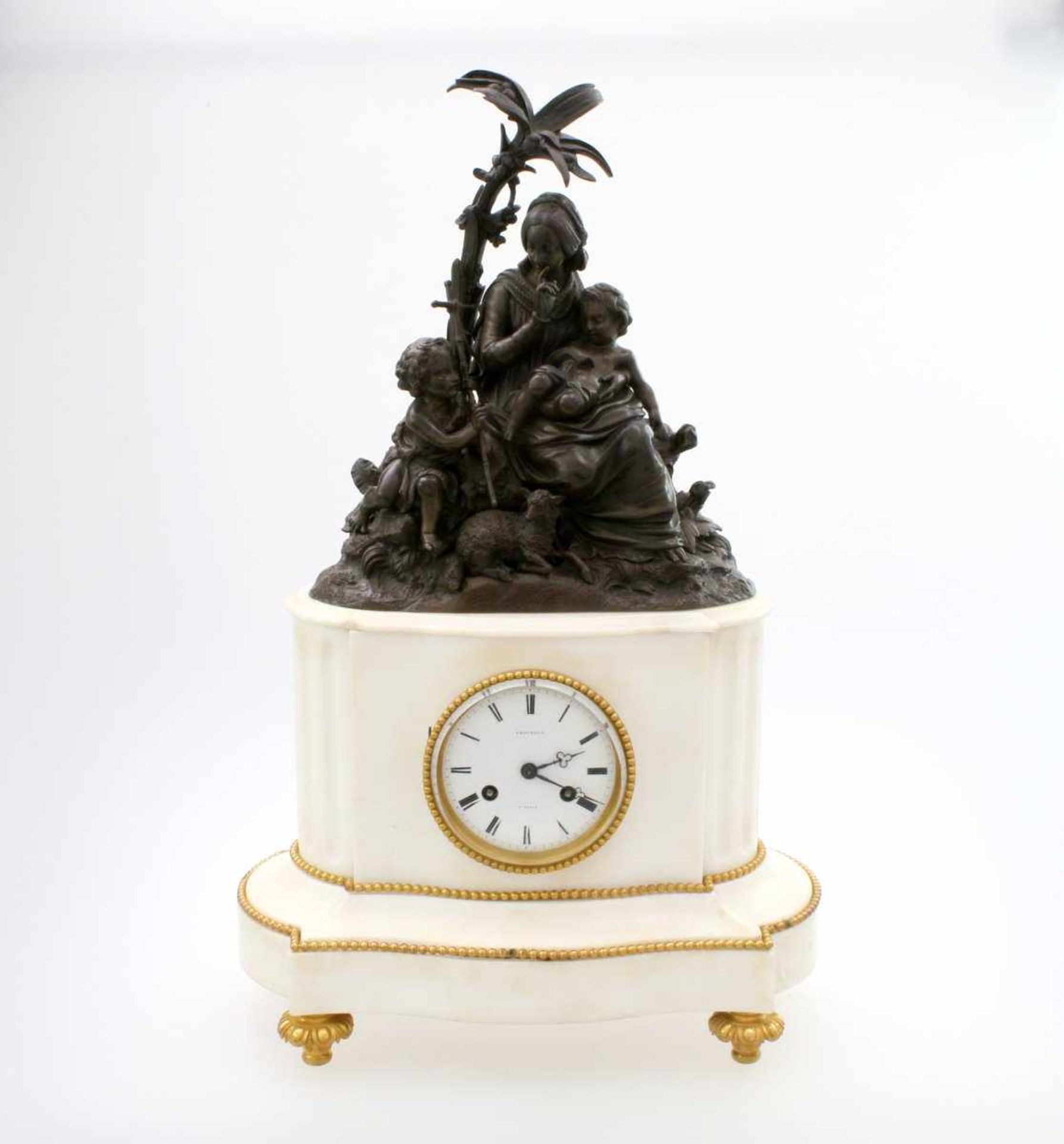 Jugendstil-Kaminuhr mit Bronzefiguren Amouroux Pendule, Halbstundenschlagwerk, emailliertes,