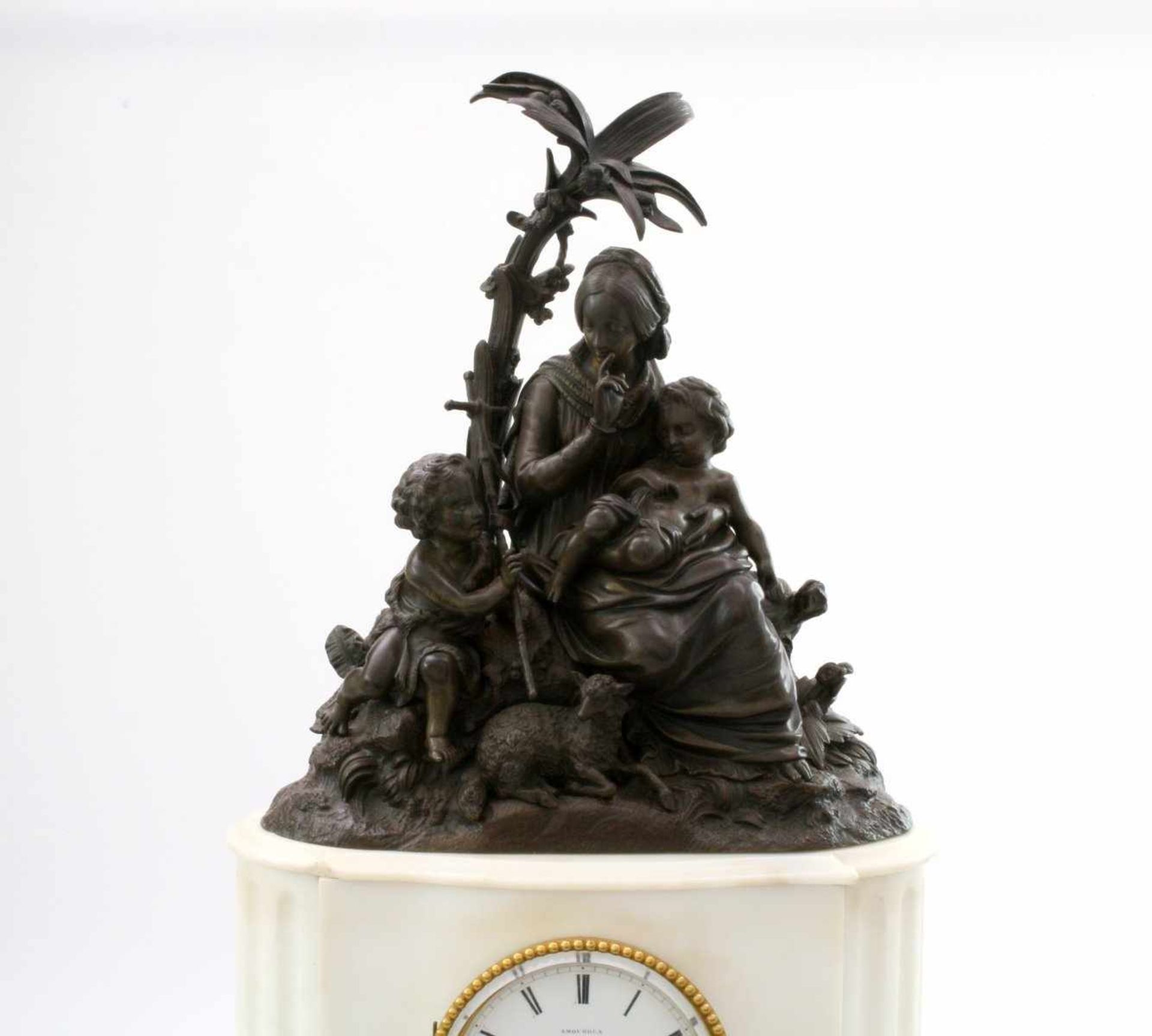 Jugendstil-Kaminuhr mit Bronzefiguren Amouroux Pendule, Halbstundenschlagwerk, emailliertes, - Bild 2 aus 8