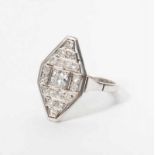 A 14 carat white gold Art Deco plaque ring with diamonds Circa 1920 The navette-shaped openwork