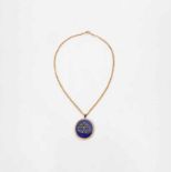 An antique 14 carat rose gold pendant with diamonds, pearls and blue enamel on 18 carat gold