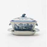 A Chinese Canton blue and white octagonal soup-tureen, cover and stand for the American market 19th