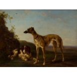 Wouterus Verschuur (Amsterdam 1812 - Vorden 1874) Greyhound and Drentse patrijshond in a landscape