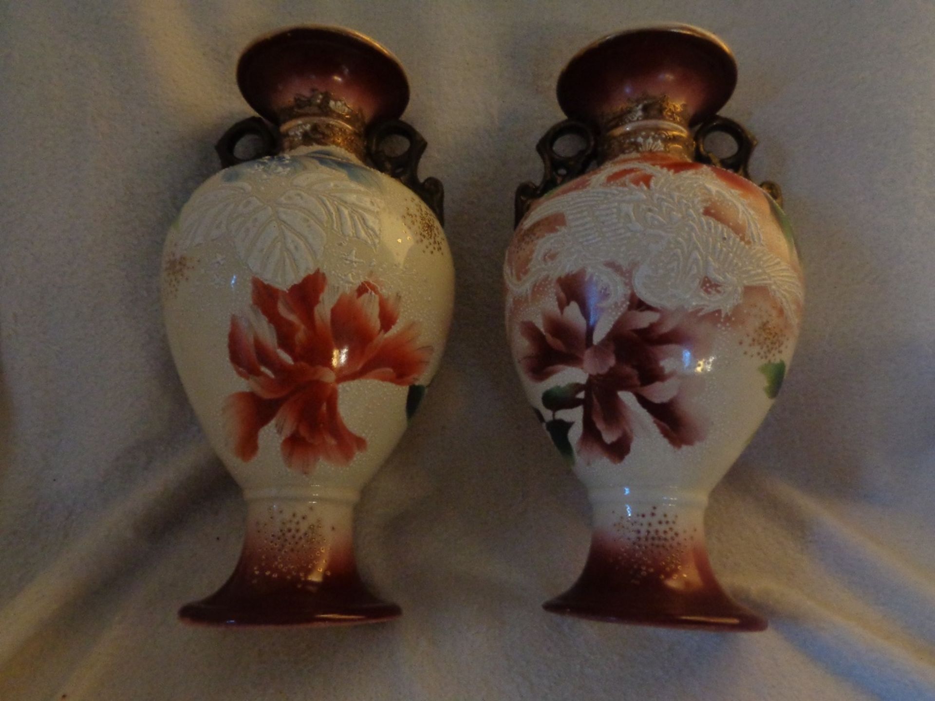 HAND PAINTED EMBOSSED SATSUMA PAIR 13"" X 6"" FOR MAKER'S NAME SEE PHOTOS