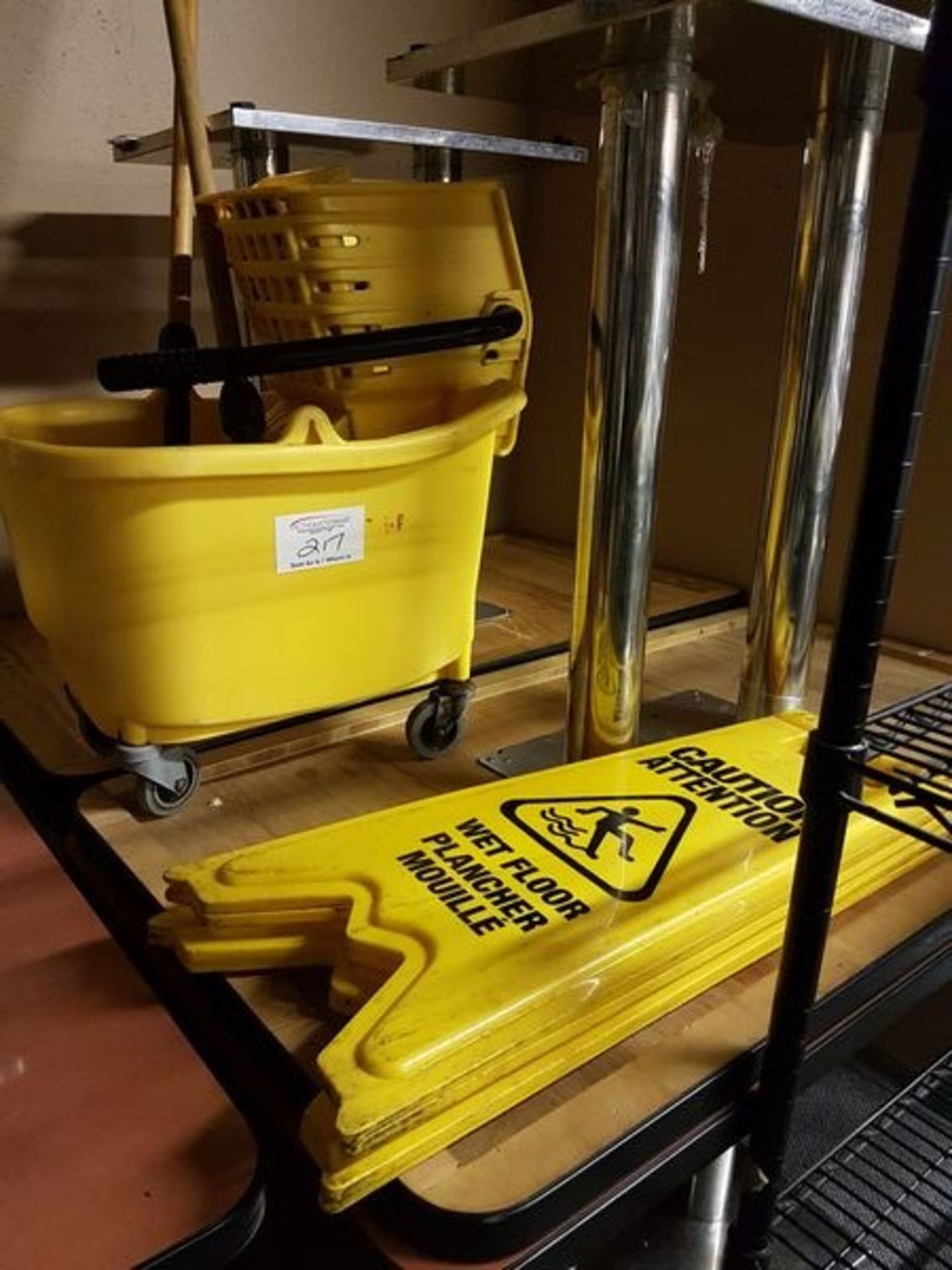 Yellow Pail, Wringer, 2 Mops & 2 Wet Floor Signs
