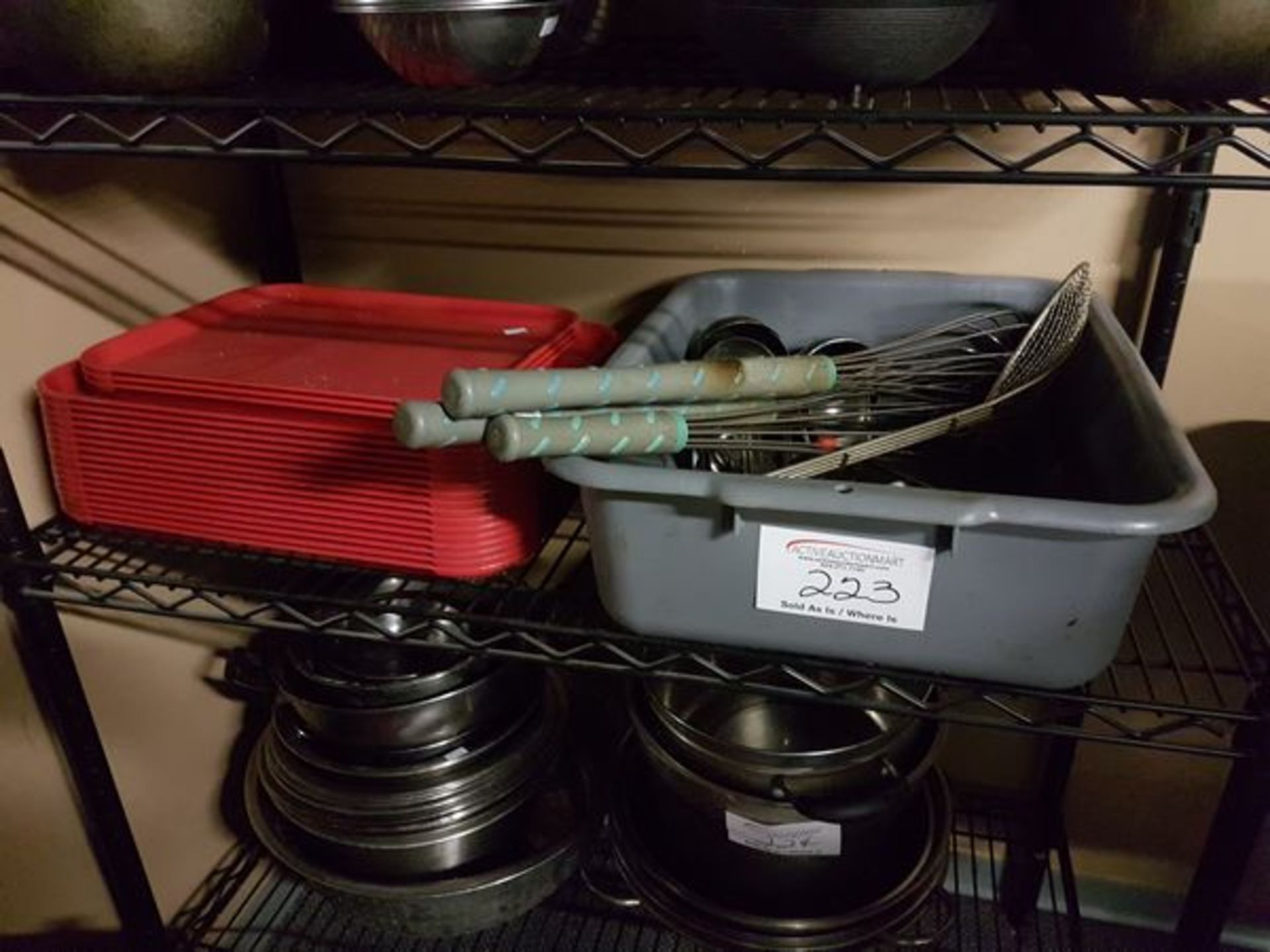 Approx. 20 Red Serving Trays, Bin of Ladles & Whisks